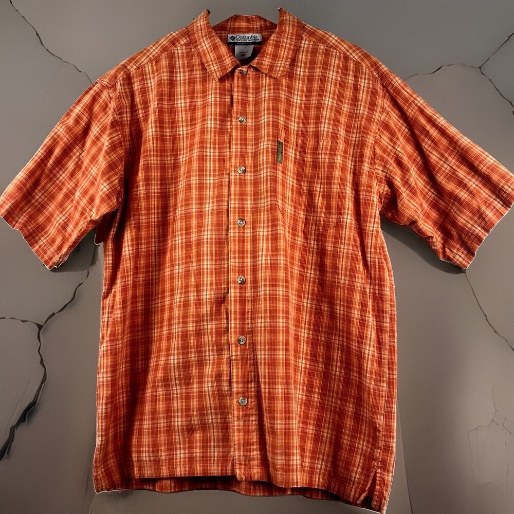 Columbia Shirt Mens Size Large Button Front Casual Orange Plaid 100% Cotton